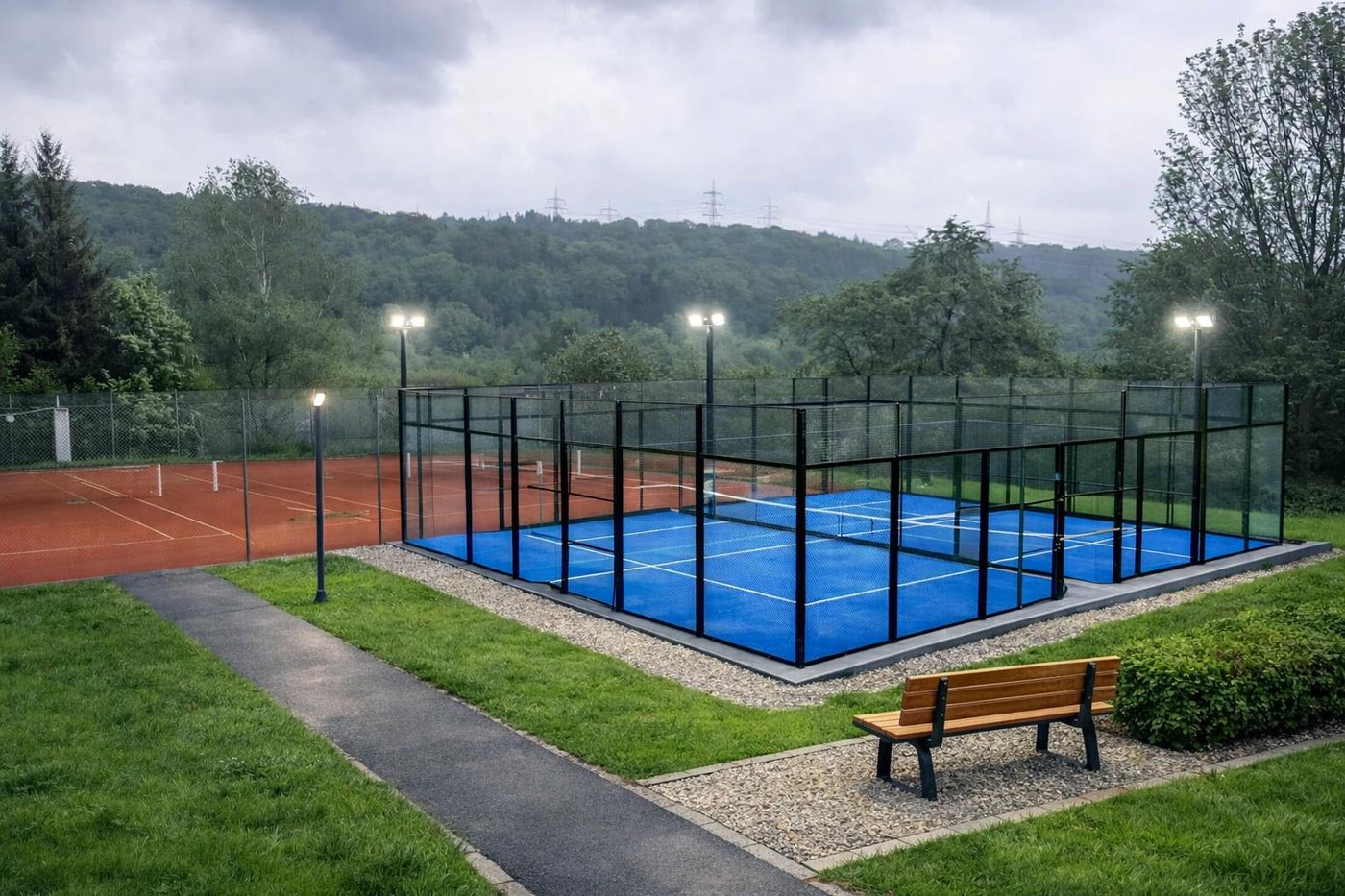 Visualisierung der beiden Padel-Courts mit Flutlicht neben den Tennisplätzen